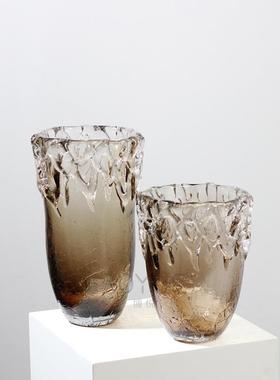 简现代创意花瓣碎RQX楼冰底口棕色琉璃花瓶样板间售处玄关客约厅