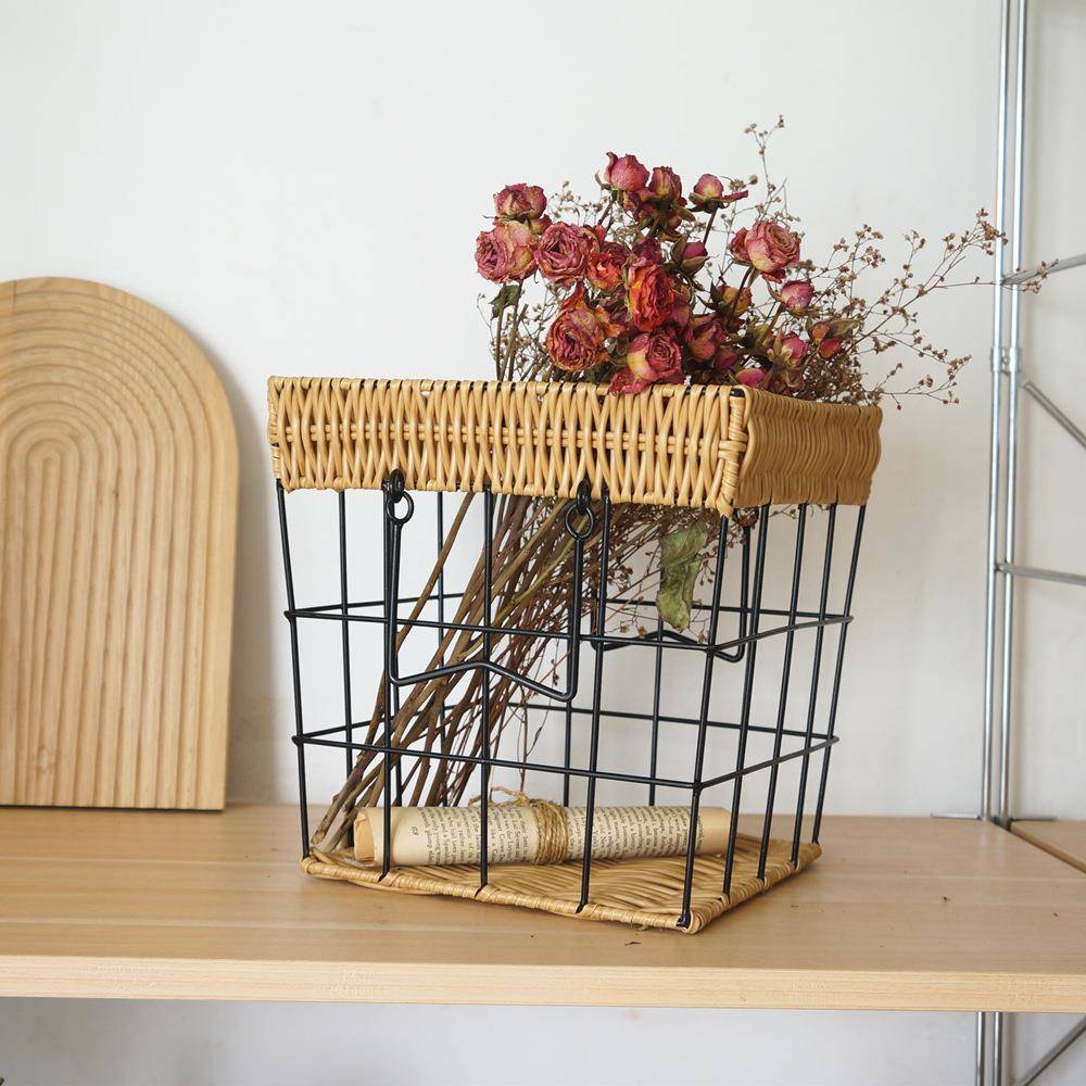 铁收纳筐手方形铁艺工编艺织复古仿编收纳篮桌藤面收纳杂物盒筐