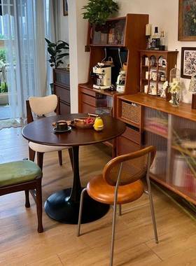 北欧复古台胡桃圆形实圆桌餐桌家用小啡户型XMC66335郁金香咖阳中