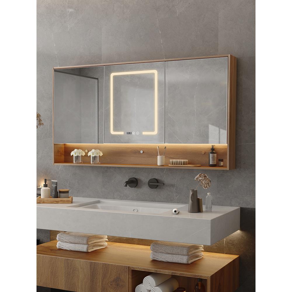 B112OL智EN能led带灯镜柜挂墙式开放格浴间室置带物柜卫生实木柜