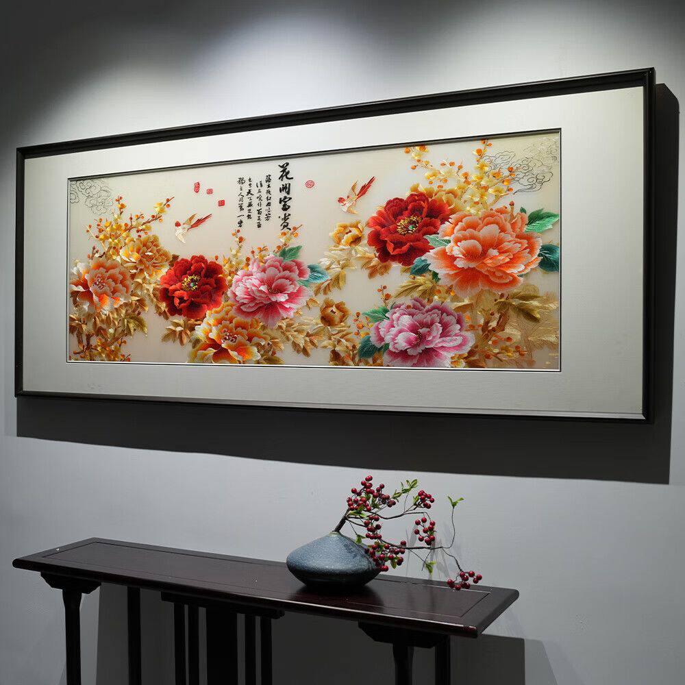挂画纯手工金色花开富贵牡丹花花卉刺绣新中式客厅书房背景装饰画