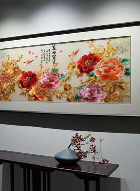 挂画纯手工金色花开富贵牡丹花花卉刺绣新中式客厅书房背景装饰画