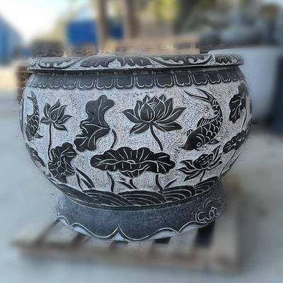 石hz-8551雕仿石荷花缸鱼缸户庭院别墅公园水缸石古青雕荷花圆形