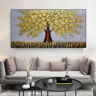 新中式客厅装饰画手绘肌理油画现代轻奢金色卧室发财树挂画大芬村