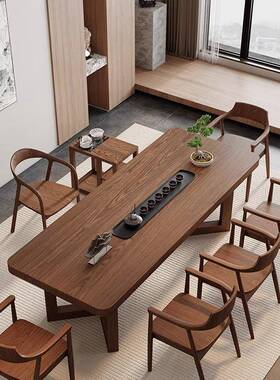 现代简实木REQ约木茶台原大板茶桌椅合组客厅办公室新中式一桌五