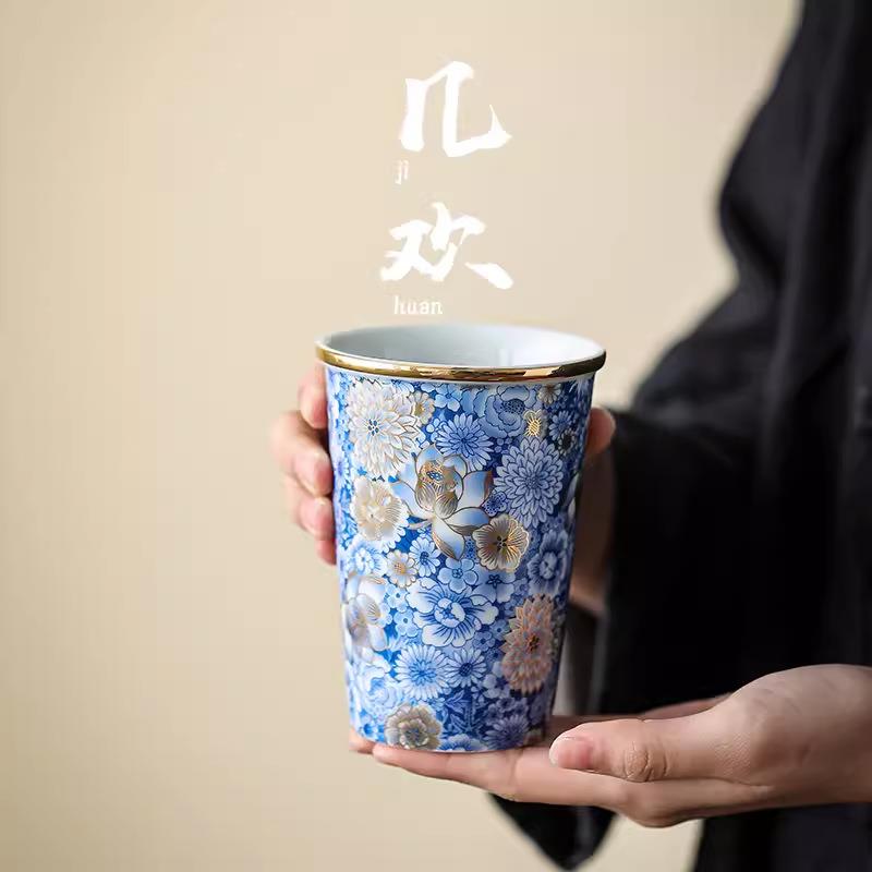 几欢青花可乐杯陶瓷手工仿古万花描金银个人专用主人杯高档茶杯