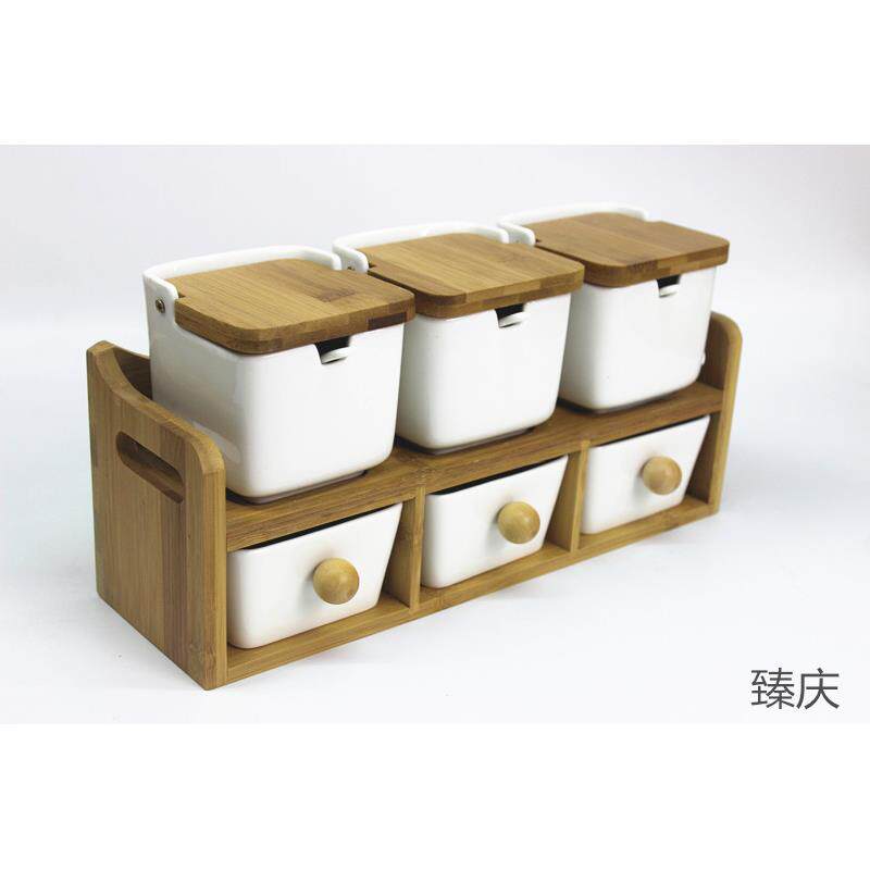 北欧双层调料罐简约厨房家用白色陶瓷调料盒套装带勺调味罐糖盐罐