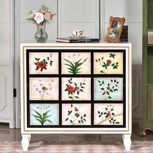 美式乡村玄关柜实木彩绘假九格收纳三斗柜抽屉储物柜子做旧复古白
