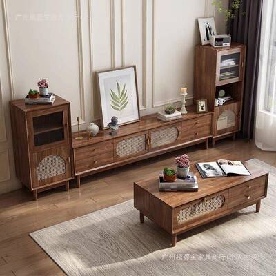 电视柜几茶组合复古藤电编实木收框客厅法式储物纳柜87258小户型