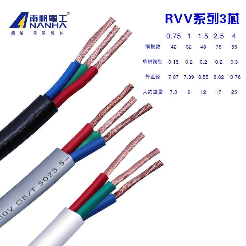 电缆线RVV护软套线rv3芯0.75/1平/2.5平/852v4平方源铜芯电线电线