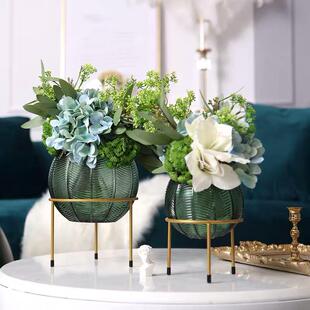 包底座圆球邮一件摆件客厅花干花轻奢器家居花插璃装饰创意金属玻