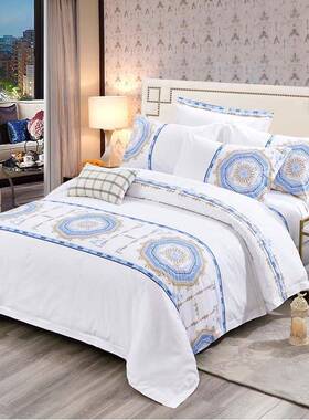 40s酒店床上用品纯棉宾印花套syts003四件白色酒店馆名单宿床被套