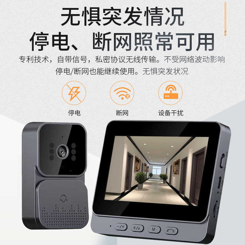 跨境防盗可视门铃免布线家用双向对讲监控显示屏无线连接无需网络