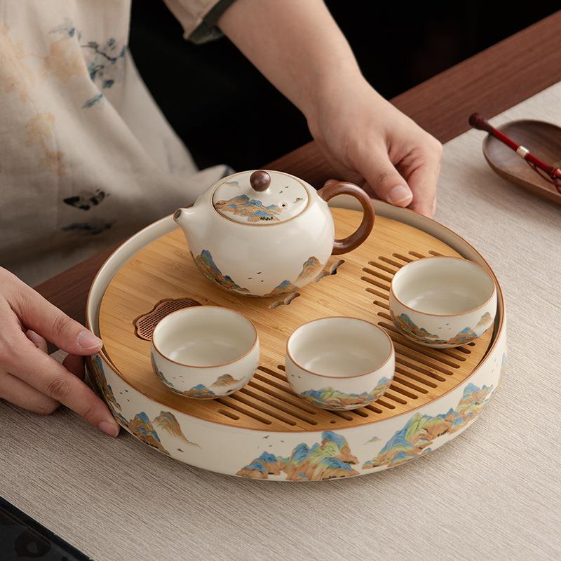 汝窑茶盘家用海沥茶水盘B6216储陶瓷圆形水盘办公会客泡茶台干茶