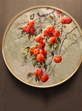 油画MXSH029绘事事如意柿子客厅圆形挂新画走廊手过道竖版中式装