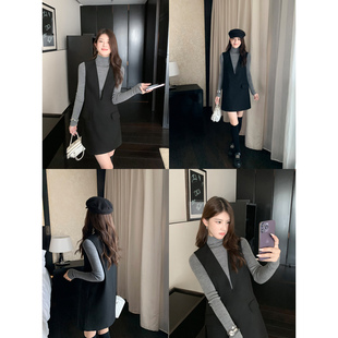 1XTWO 智性系列 气质叠穿深V领背心裙女秋冬通勤短款无袖连衣裙