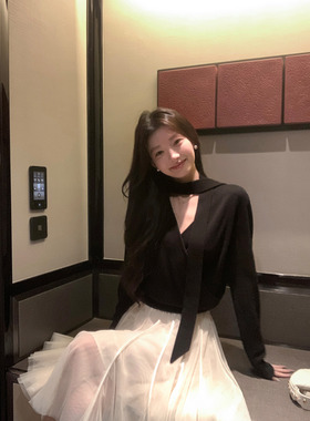 1XTWO 高智姐系 全羊毛V领交叠飘带毛衣女极简风长袖针织衫上衣