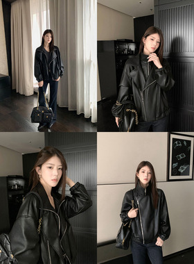1XTWO 曼城旧事 复古假两件PU皮衣外套女高级感翻领宽松廓形夹克