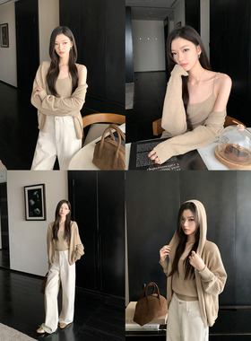 1XTWO 卡其拾光 连帽针织开衫吊带背心两件套女设计感外搭上衣