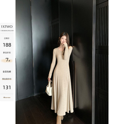 1XTWO 惬意松弛 长袖V领针织连衣裙女气质收腰显瘦修身打底长裙