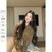 复古立领麂皮夹克上衣女咖色小个子拉链短款 1XTWO 浓郁焦糖 外套