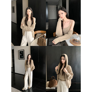 吊带背心两件套女设计感外搭上衣 连帽针织开衫 1XTWO 卡其拾光