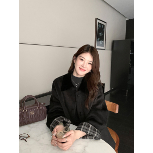 1XTWO 气质撞色格纹拼接毛呢大衣女设计感宽松廓形外套 精简衣橱