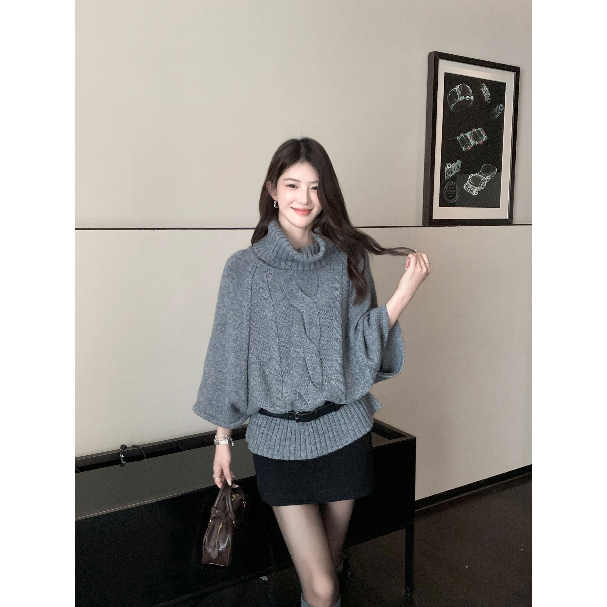 1XTWO 松弛巧兹 麻花高领蝙蝠袖毛衣女设计感小众宽松斗篷上衣