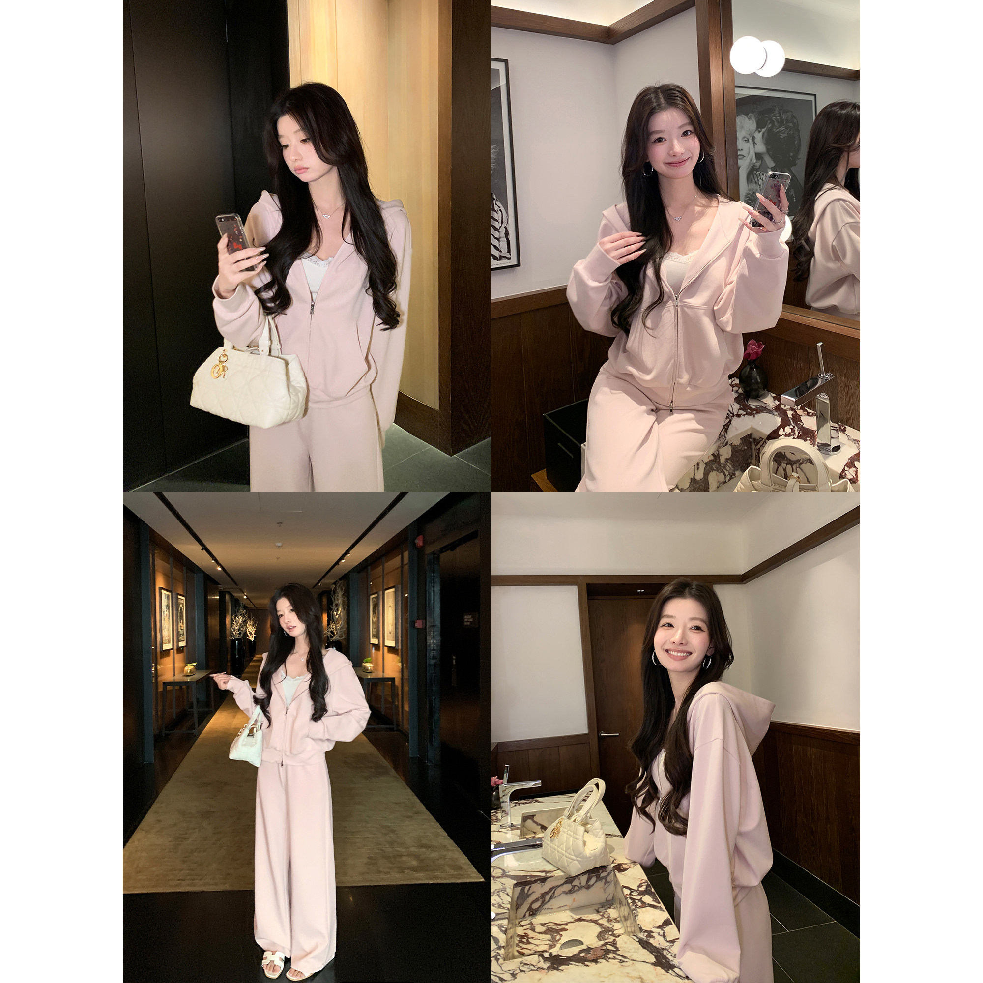 1XTWO 慵懒粉调 宽松短款连帽运动卫衣套装女休闲外套阔腿卫裤