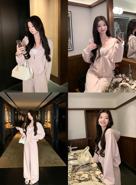 1XTWO 慵懒粉调 宽松短款连帽运动卫衣套装女休闲外套阔腿卫裤