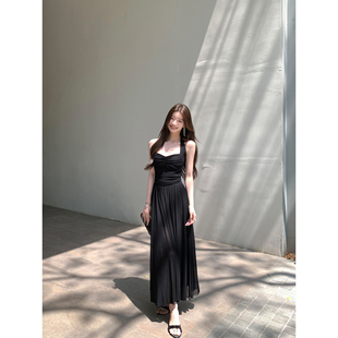 1XTWO雅奢赴约 黑色性感网纱挂脖连衣裙女带胸垫收腰捏褶露背长裙