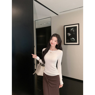 女气质修身 1XTWO 针织衫 一字领长袖 莱赛尔叠穿打底上衣 素缎缓光