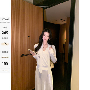 1XTWO 高智姐系 全羊毛V领交叠飘带毛衣女极简风长袖针织衫上衣