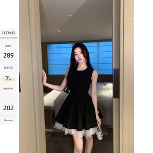 1XTWO 贵奢千金 赫本风圆领无袖背心连衣裙女气质收腰蓬蓬小黑裙