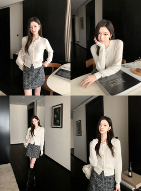 1XTWO 素影漫行 极简风气质羊毛针织开衫女软糯圆领毛衣外套上衣