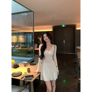 针织连衣裙女气质修身 高级感V领长袖 收腰a字短裙 甜黛美人 1XTWO