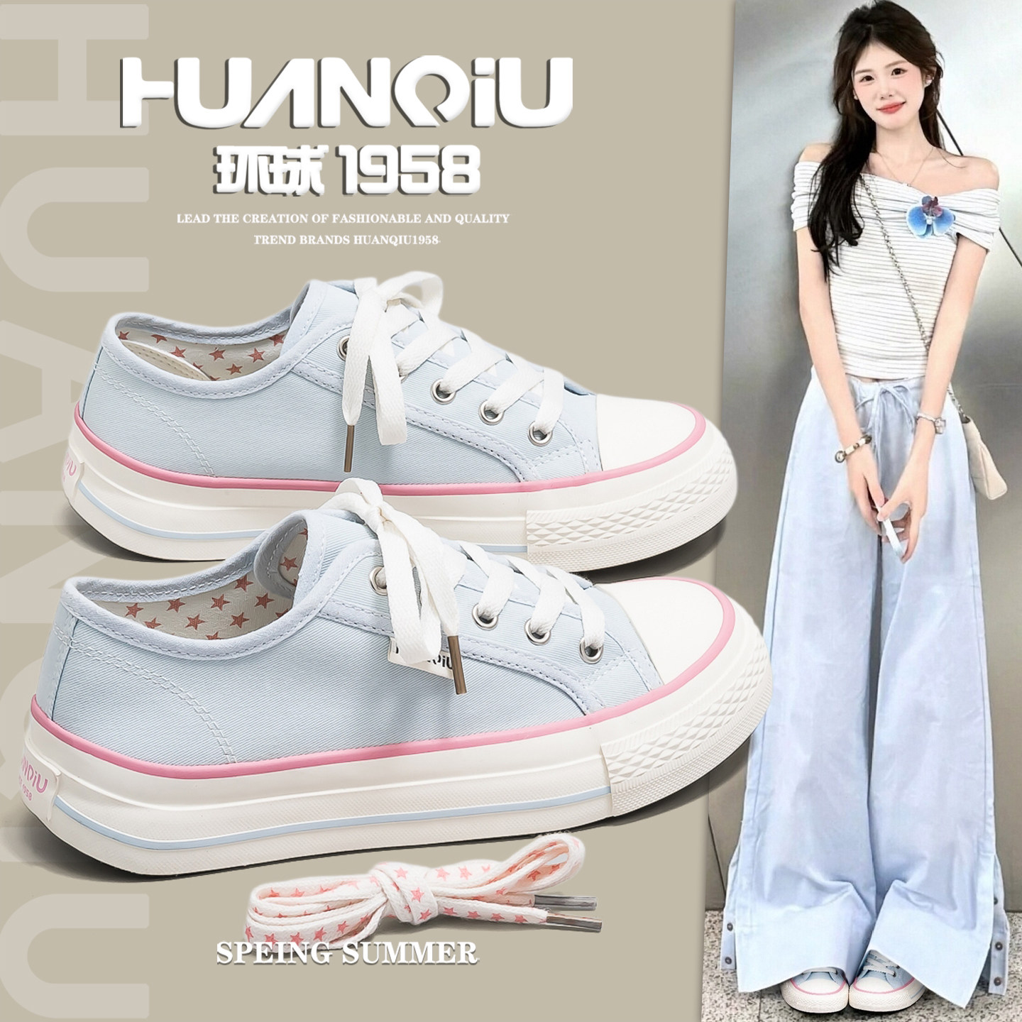 环球官方旗舰店低帮兰色帆布鞋女图片