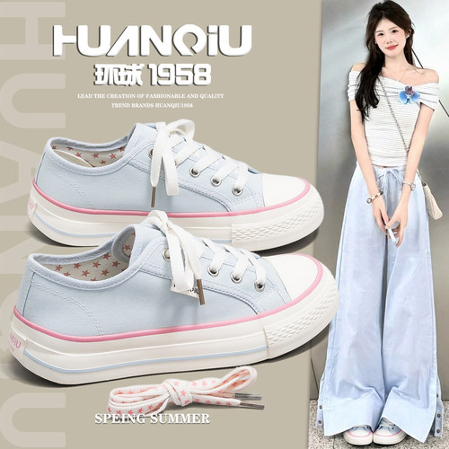 环球官方旗舰店低帮兰色帆布鞋女