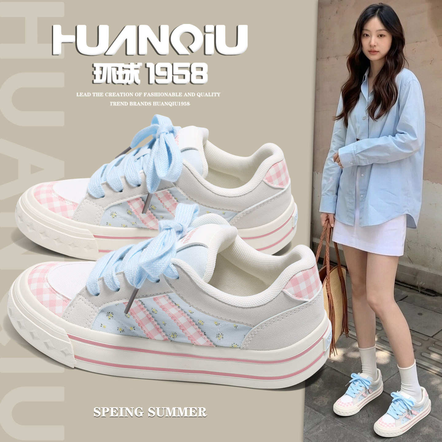 环球官方旗舰店蓝粉配色帆布鞋女图片