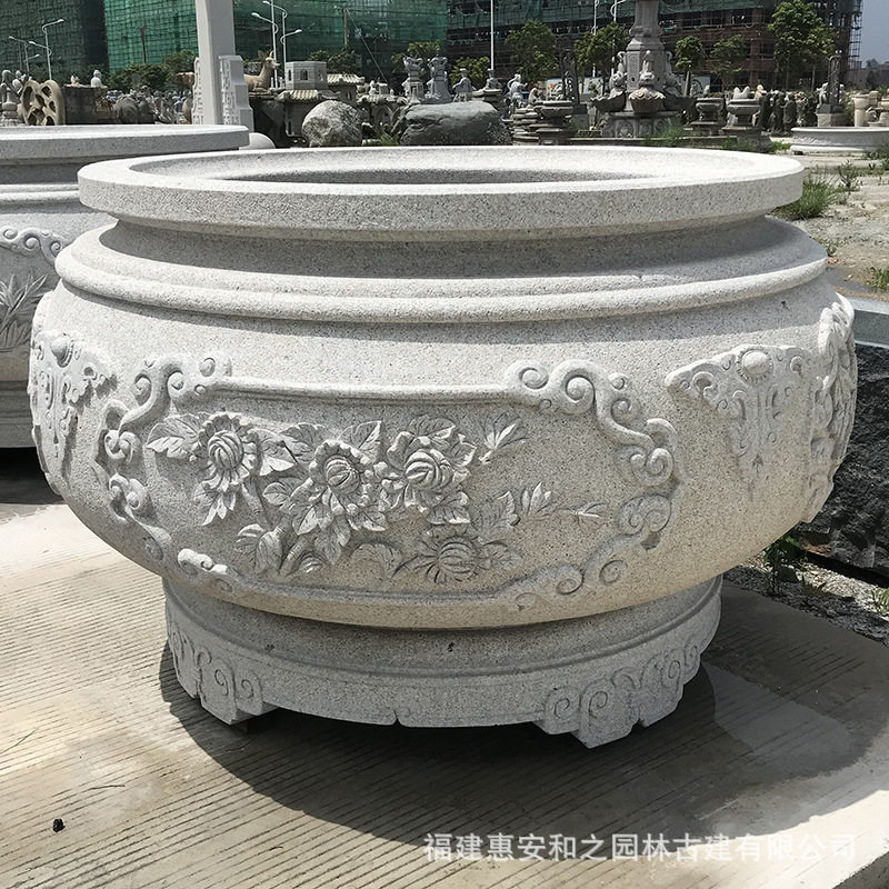 芝麻白花岗岩浮雕花钵圆形花钵植物花纹图工厂加工品量大从优