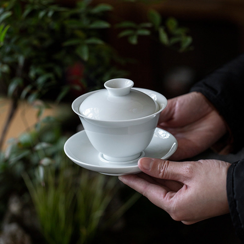 甜白釉三才盖碗茶杯陶瓷茶具家用手抓茶碗白瓷大号家用手工敬茶碗