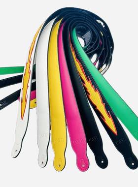 吉他背带P&P赞声现货火焰真皮白色黑色绿色玫红黄电吉他2023