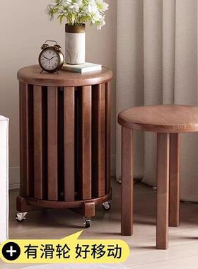 实木可叠放19542茶几组凳子叠乐圆凳合餐待客备用凳带叠滑轮桌折