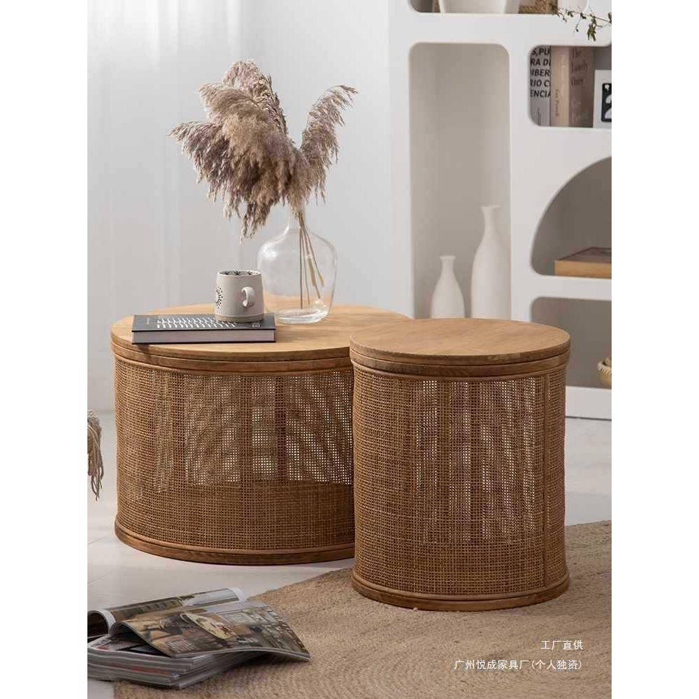 式中式圆形圆柱实日木藤榻编茶几客厅榻米简沙发边约几玻璃小GJI