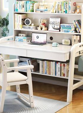 8V实木书桌儿带书架学生家用学52287户习桌椅小型室床卧边桌童写字桌一