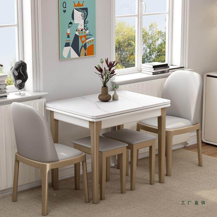 岩折叠EJU餐桌灰组家用小户型实木可伸缩现板代简约轻奢桌椅合色