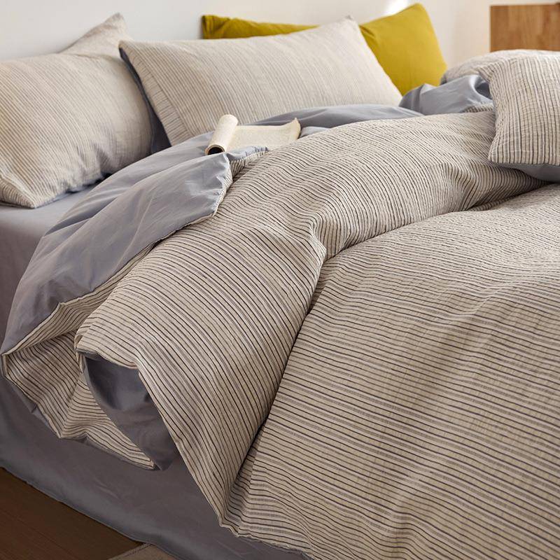 A轻类纯棉色织提纹四件套简约全DDS棉奢床单被套四条季款床品套花