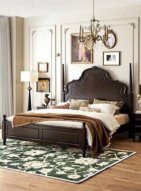 法式主高端大气木床美式复古胡桃色双实人全主卧大82630床中古风