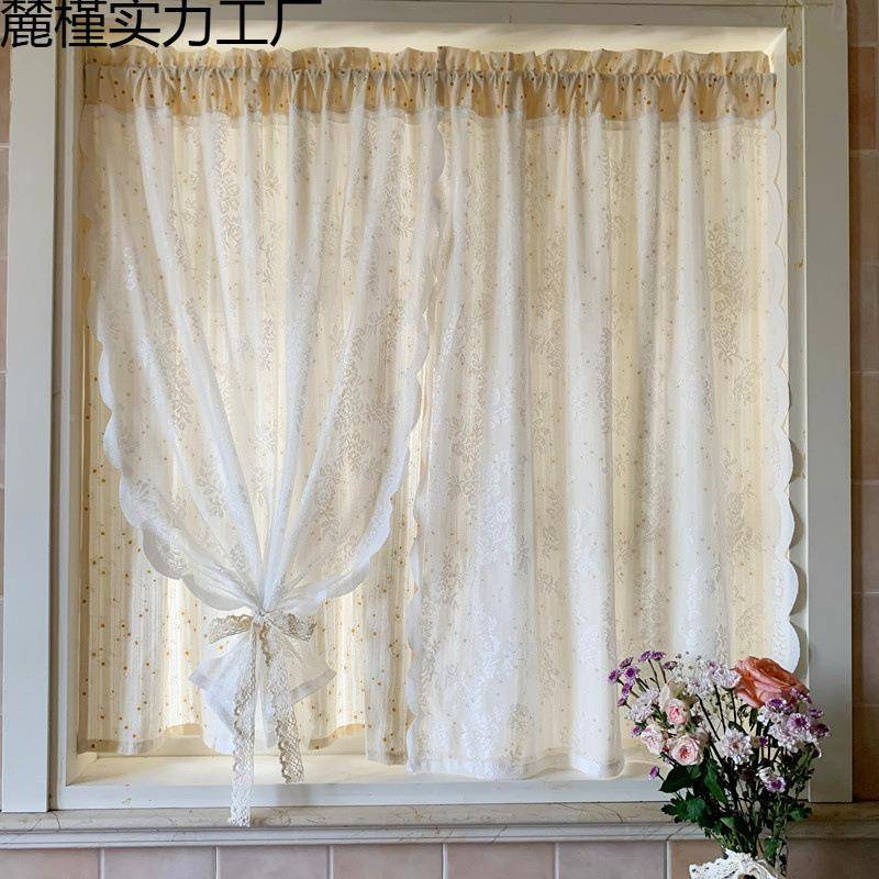 法式双层韩免打孔粘贴式光不透人式田XKC园碎花雏菊蕾丝窗纱帘透
