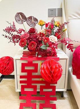 婚礼红色仿真花YRL成品发货布置厅几摆结婚新房男方客床头件假花